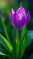 Naklejka premium Close-up vibrant purple petals, lush green leaves, closeup, macro
