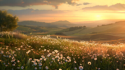 Golden hour illuminates a field of daisies in a rolling landscape with distant hills and cloudy skies .
