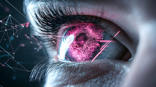 A futuristic eye with digital data overlaid. It could represent augmented reality or a cybernetic implant. Potential application: technology or science fiction art.