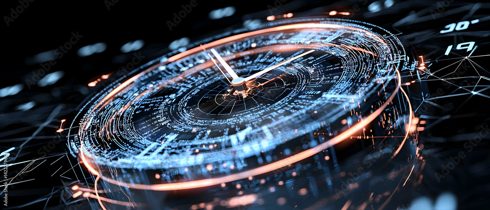 Poster a futuristic clock concept representing time and data visualization. ideal for tech presentations an