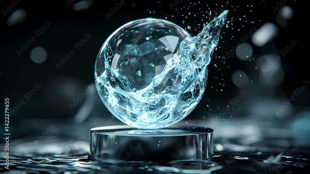 Poster a mesmerizing image showcases a water sphere with dynamic splash. ideal for representing purity ener
