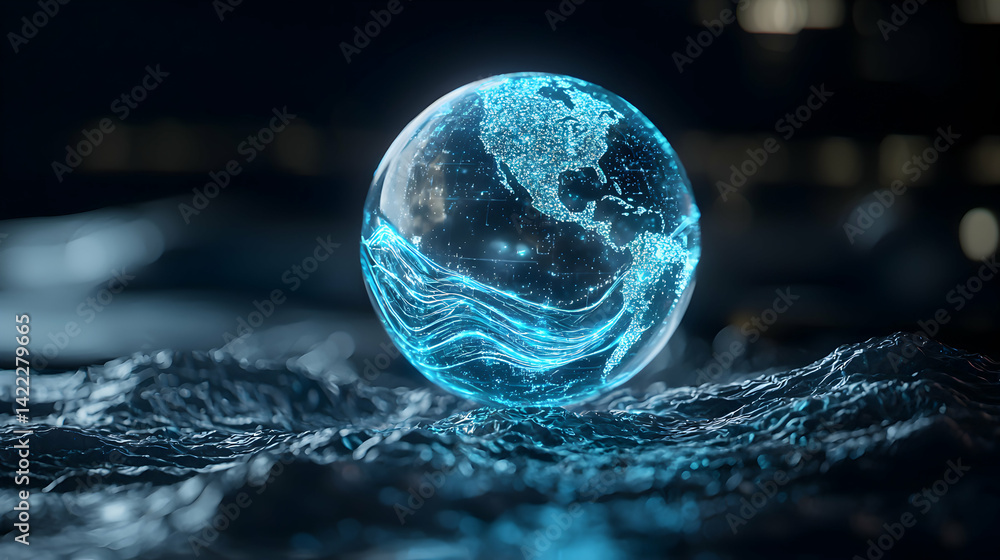 Poster a glowing globe sits atop wavy abstract water. it visualizes interconnectedness and data flow. great