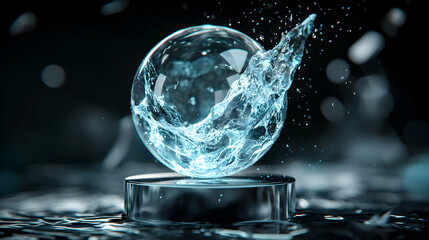 A mesmerizing image showcases a water sphere with dynamic splash. Ideal for representing purity energy or abstract design. Suitable for website backgrounds or promotional materials.