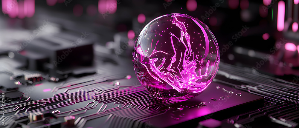 Poster an artistic digital render of a futuristic circuit board with a glowing sphere. it suggests ai energ