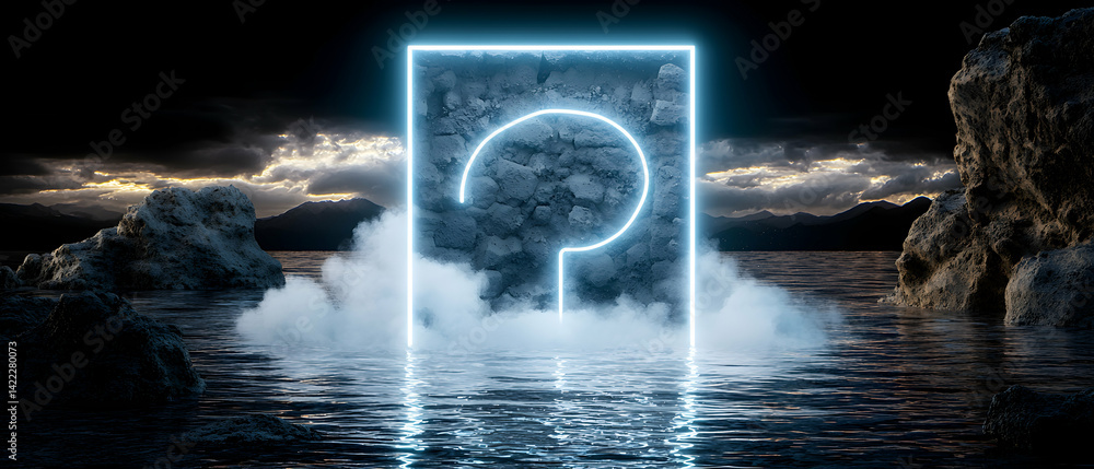 Poster a question mark portal glows over water with rock formations. use it for tech mysteries or sci-fi bo