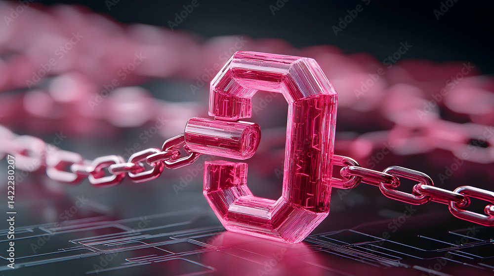 Poster a stylized image of a pink chain with a large crystalline chain link. represents blockchain technolo