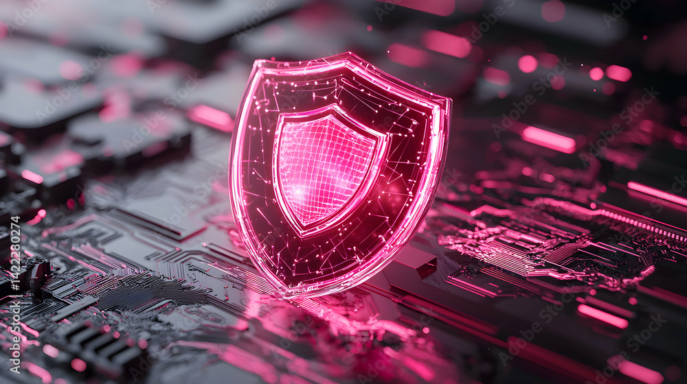 Poster a glowing shield representing digital security and protection over a circuit board suggesting cybers