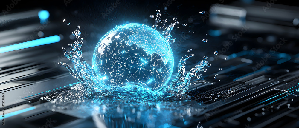 Poster a futuristic image of a digital earth sphere emerging from water waves on a circuit board. suggests 