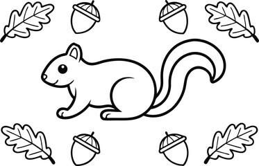 Squirrel Surrounded by Acorns and Leaves Cartoon on Transparent Background