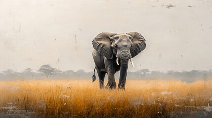 Majestic elephant portrait captured in golden grassland during an atmospheric African day