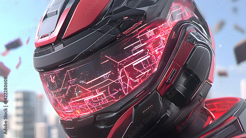 Poster futuristic helmet design with glowing red circuitry. ideal for sci-fi or gaming concepts emphasizing