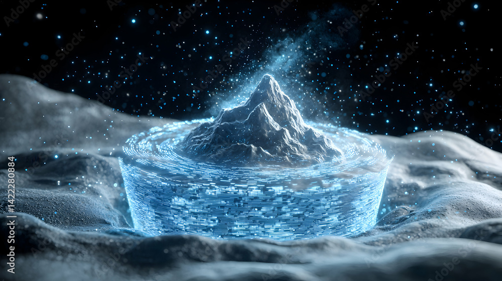 Poster an abstract artwork depicting a mountain within a glowing blue structure. this could represent data 