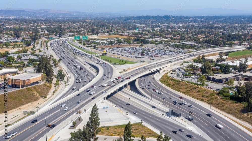 Poster an aerial view of a busy highway interchange, showcasing multiple lanes of traffic and the intricate