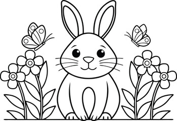 Outline Rabbit with Flowers and Butterflies on Transparent Background
