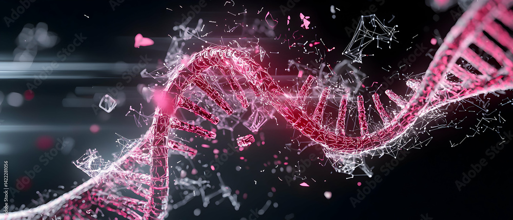 Poster a glowing dna strand is partially fragmented against a dark backdrop. science visualizations and med