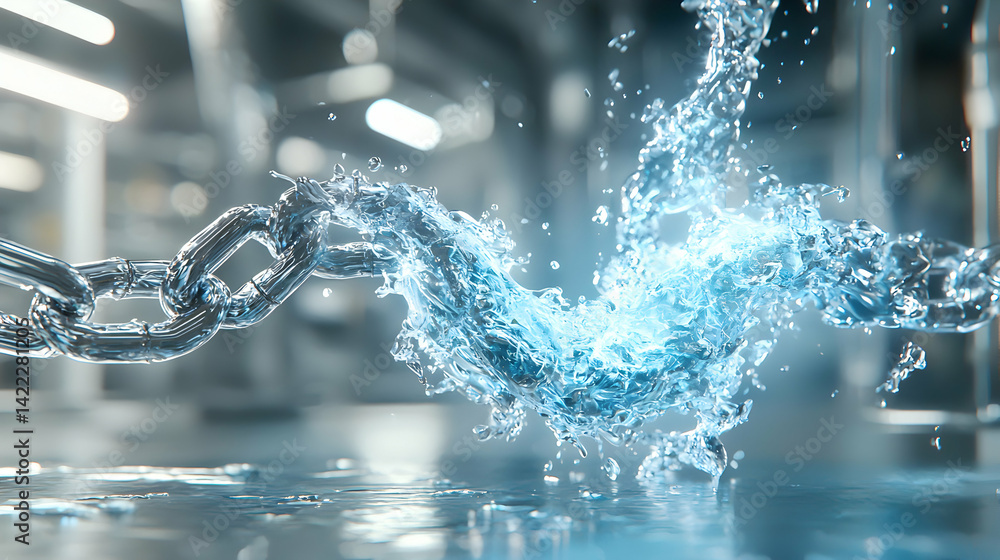 Poster an abstract image depicting a chain being broken by water. it could represent breaking barriers or o