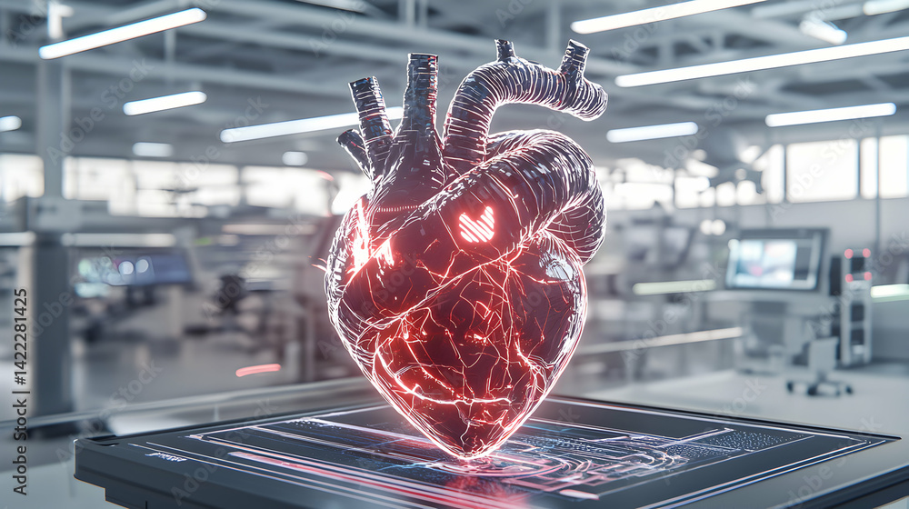 Aufkleber a futuristic glowing heart model displayed on a digital interface in a lab setting possibly for medi