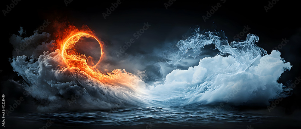 Poster an epic image depicting opposing forces of fire and ice swirling above a dark ocean creating a stunn