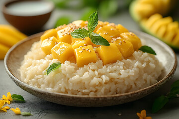 Sweet mango sticky rice with coconut milk and soft sticky rice on vintage dish