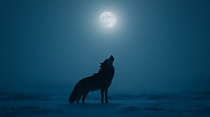Solitary wolf's song beneath the argent moon in the tranquil winter night