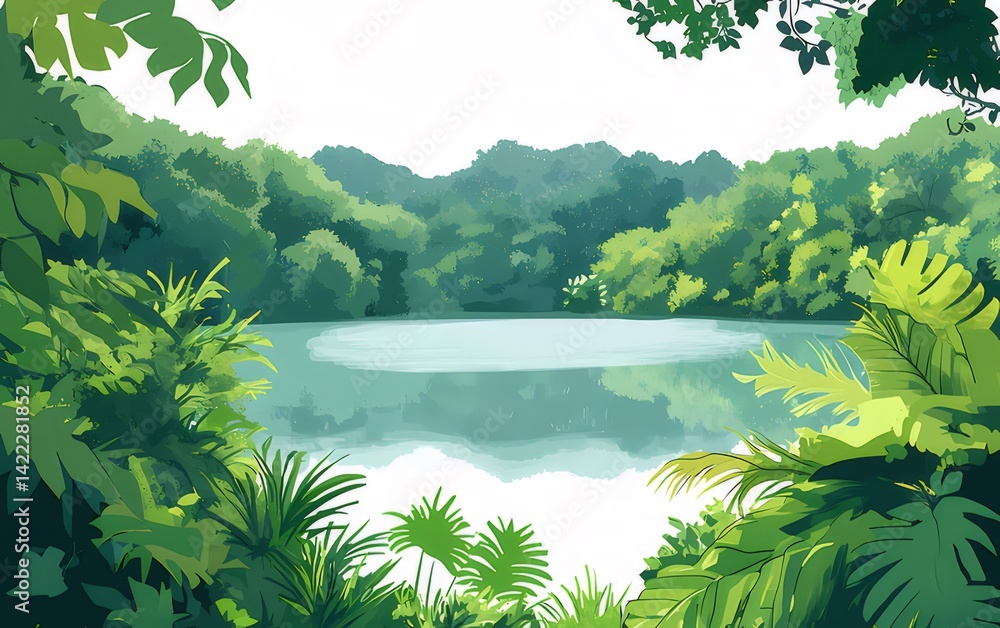 Aufkleber 静かな湖面の緑豊かな風景 ピクセルアートの自然描写 鮮やかな緑の木々と穏やかな水面 夏の太陽光が降り注ぎ 癒やしの空間を演出