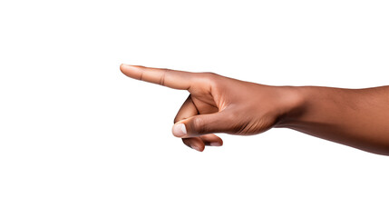 A dark skinned hand pointing to the left on a black isolated background isolated on transparent background