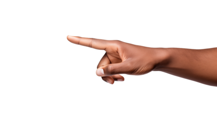 A dark skinned hand pointing to the left on a black isolated background isolated on transparent background