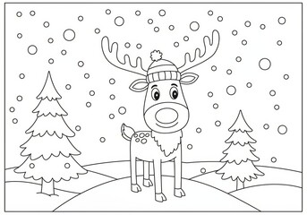 Fototapeta premium Winter Wonderland Coloring Page Featuring a Playful Reindeer Surrounded by Snowy Trees Outdoor Scene Whimsical Art Style Family-Friendly Activity