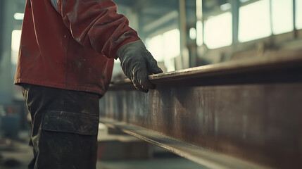 Worker Inspecting a Steel Beam in an Industrial Setting
