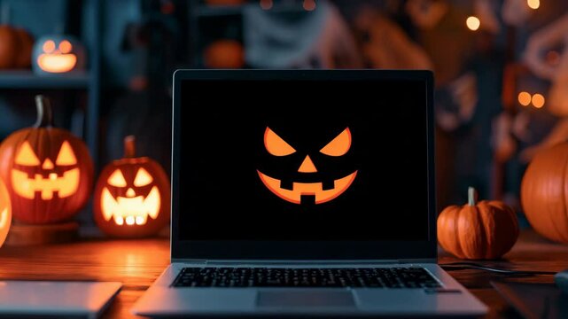 Work desktop with laptop and pumpkins surrounding it. Halloween theme with Jack O' Lantern's face appearing on screen.