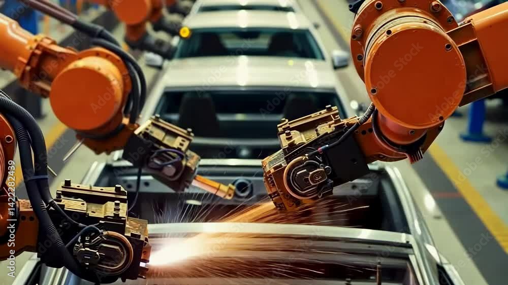 Poster a line of vehicles being assembled in an automotive factory. several orange industrial robots are we
