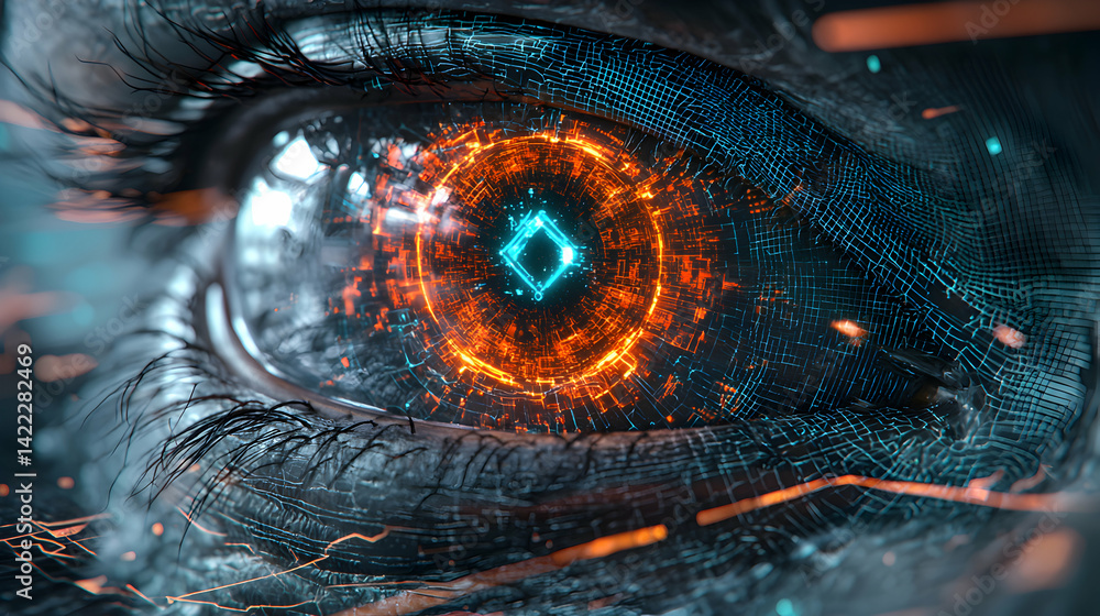 Poster cybernetic eye illuminated with digital circuitry. suggesting futuristic technology and data process