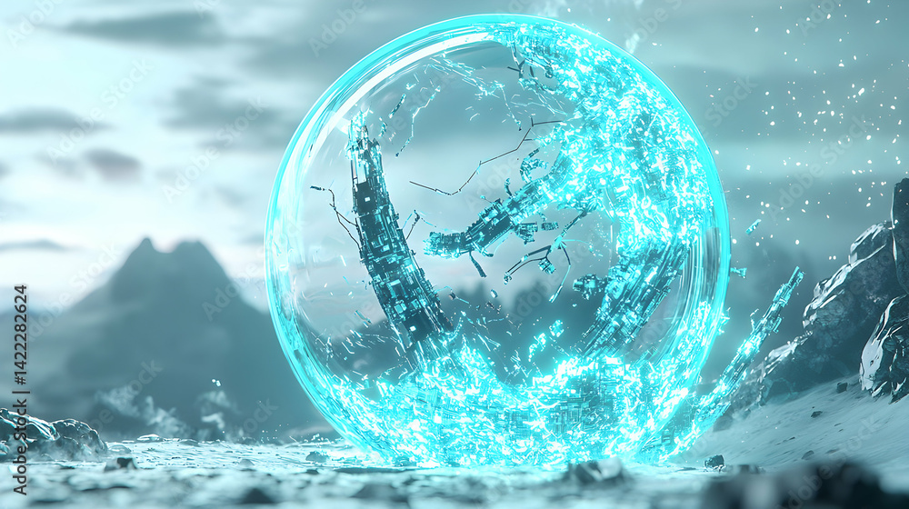 Poster futuristic digital art showing a glowing sphere with structures inside. suitable for sci-fi concept 
