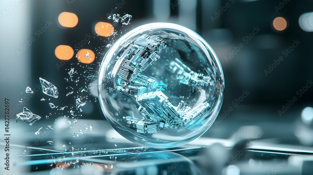 Poster an image showcases a futuristic concept. a shattered sphere contains intricate tech. it could repres