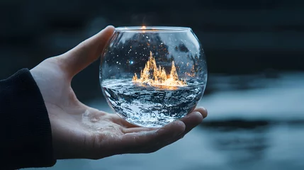 Stickers Meisjeskamer A hand holding a glass orb filled with water. Inside a fiery mountain range glows creating a surreal and captivating scene. Ideal for fantasy and nature inspired projects.  © Mlaku