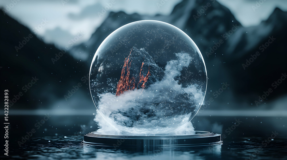 Poster a surreal scene featuring a snow globe with a mountain and a fiery core. suggesting digital art for 