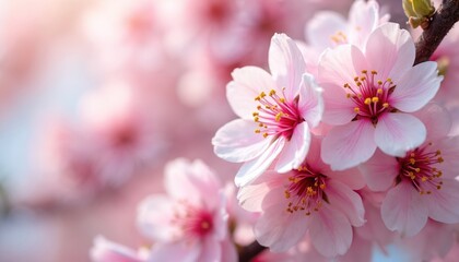 Naklejka premium Vibrant pink cherry blossoms in full bloom, delicate petals against blurred background. Floral spring macro details, capturing beauty of nature. Sakura tree flowers blossoming during springtime