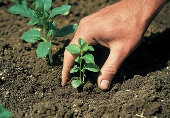 Planting a young plant in soil natural background