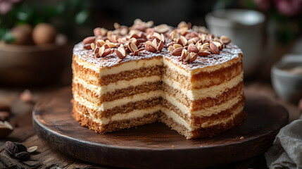 Marzipan cake with smooth almond icing and delicate layers on rustic wooden table