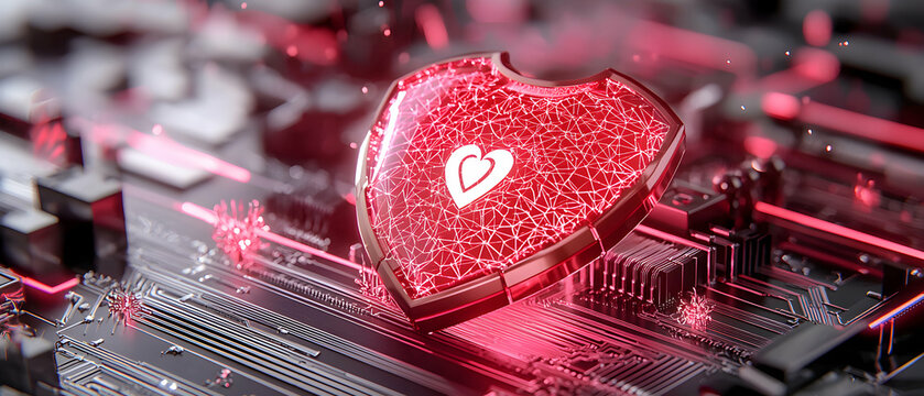An artistic digital rendering of a shield with a heart symbol representing data security and protection. It can be used in cybersecurity marketing campaigns.