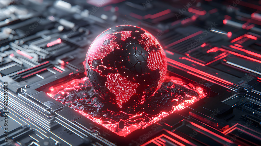 Poster a digital globe concept with glowing red patterns. this artwork suggests global technology connectio