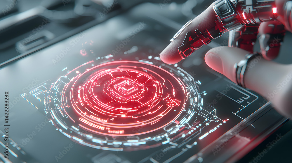Poster a futuristic scene depicting a hand interacting with a glowing interface. the image evokes advanced 