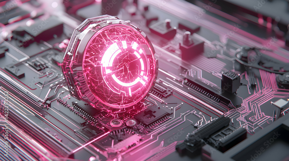 Poster futuristic circuit board design with a glowing orb highlighting advanced technology. suitable for te