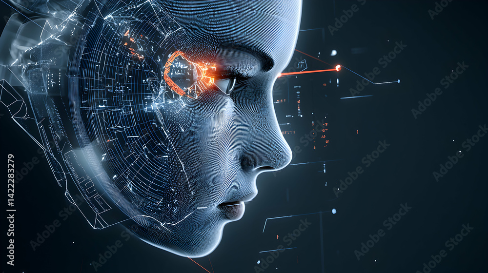 Poster a futuristic image showing a human-like face integrated with digital circuitry and data visualizatio