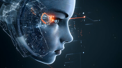 A futuristic image showing a human-like face integrated with digital circuitry and data visualizations suggesting advanced artificial intelligence or cybernetics. It could illustrate technological adv