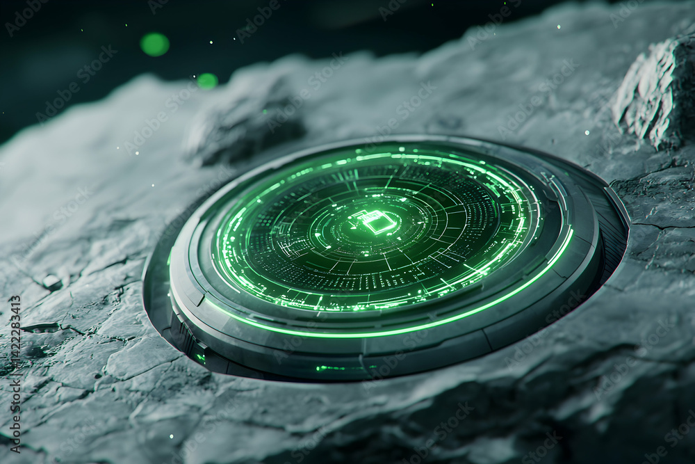Aufkleber a futuristic glowing tech disc embedded in rough terrain possibly a portal or a device with advanced