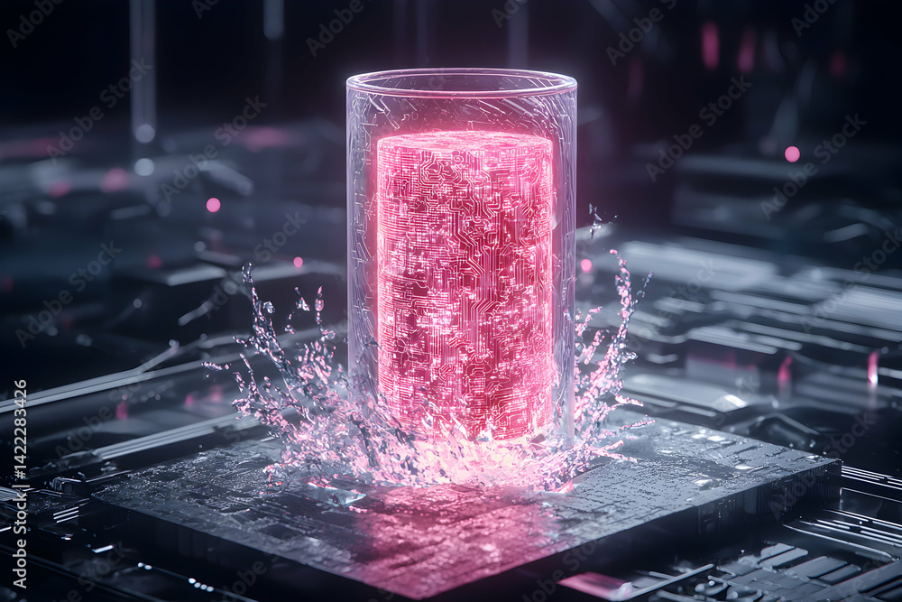 Poster an artistic rendering of a data processing unit encased in glass radiating pink light. great for tec