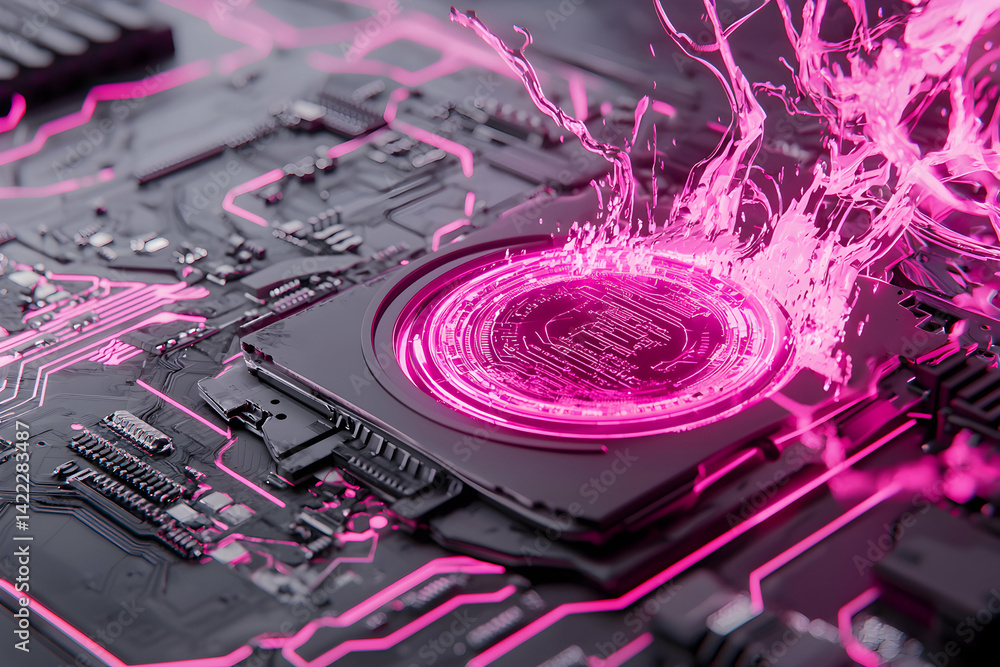 Poster a futuristic motherboard design with glowing pink circuits and a central processor emitting energy. 