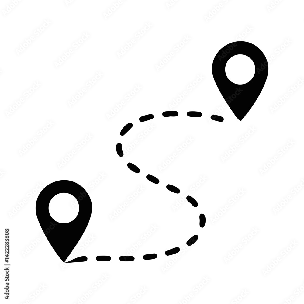 Poster minimal map route icon – curved path with location pins. vector map pointer icon. map pointer silhou