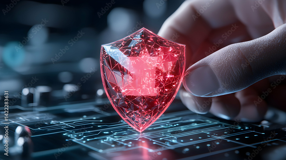 Poster a glowing red shield rests on a circuit board highlighting cybersecurity and data protection. it sug